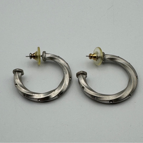 Vintage Pewter Twisted Hoop Earrings 1.5” Rhinestone Accents - Picture 2 of 4